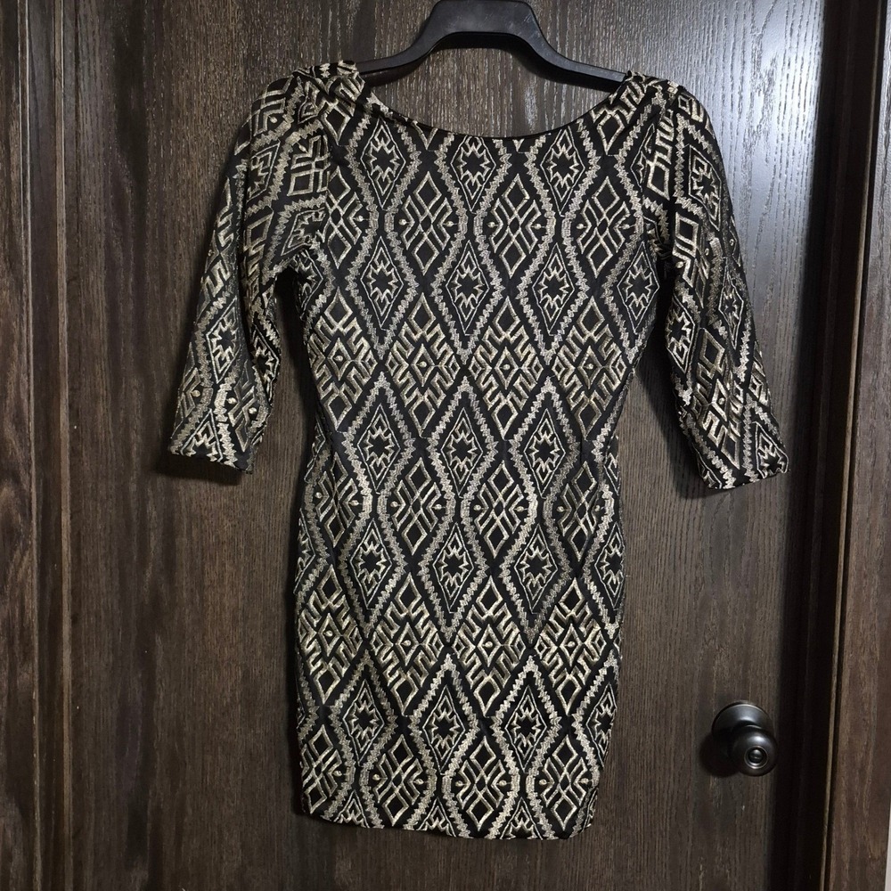 As U Wish Womens Gold Black Geometric Metallic Bodycon Mini Dress Medium